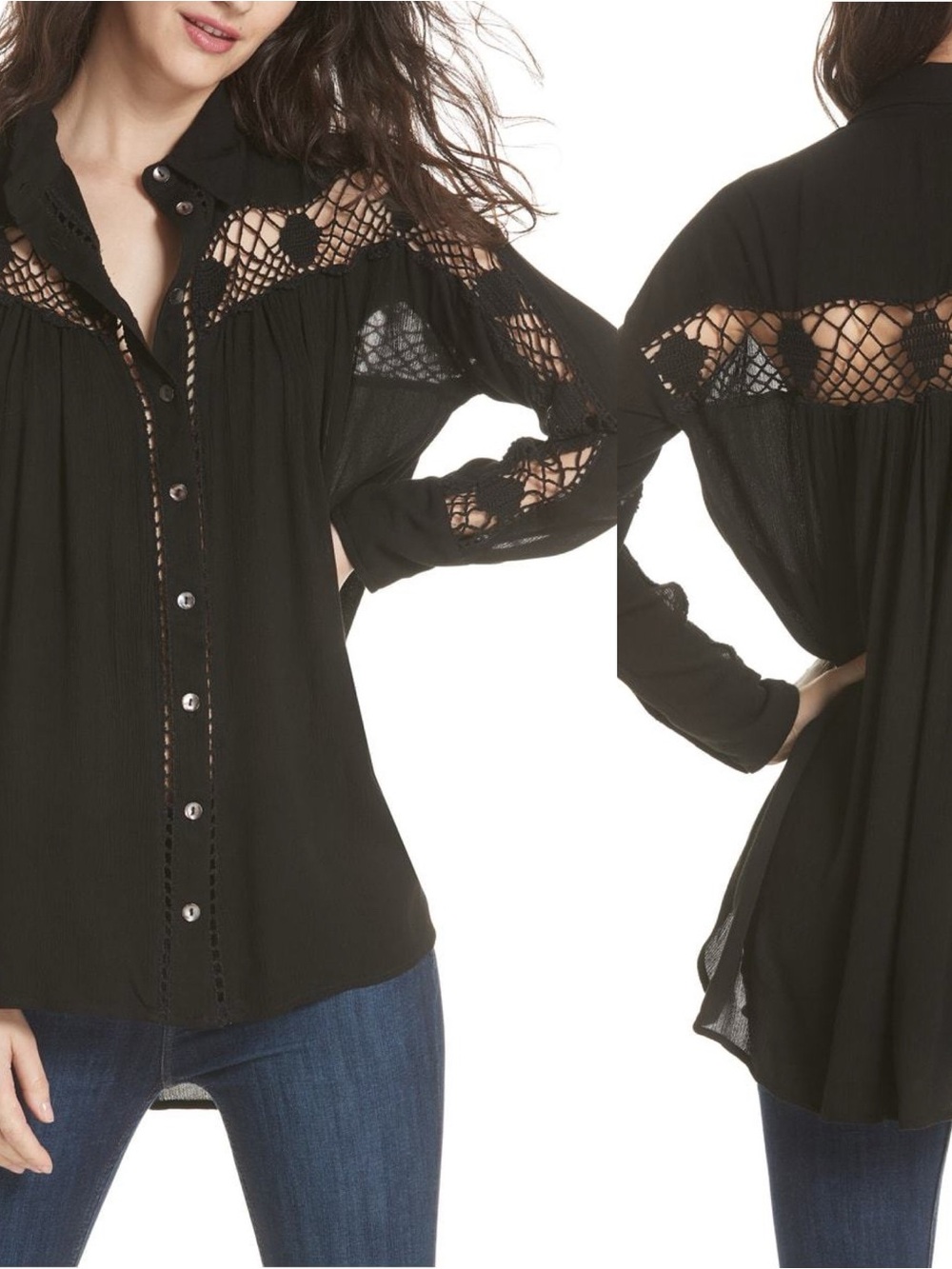 FREE PEOPLE KATIE BIRD CROCHET INSERT BLOUSE Button Down